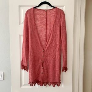 Anthropologie free people dusty mauve linen blend long boho duster cardigan XS
